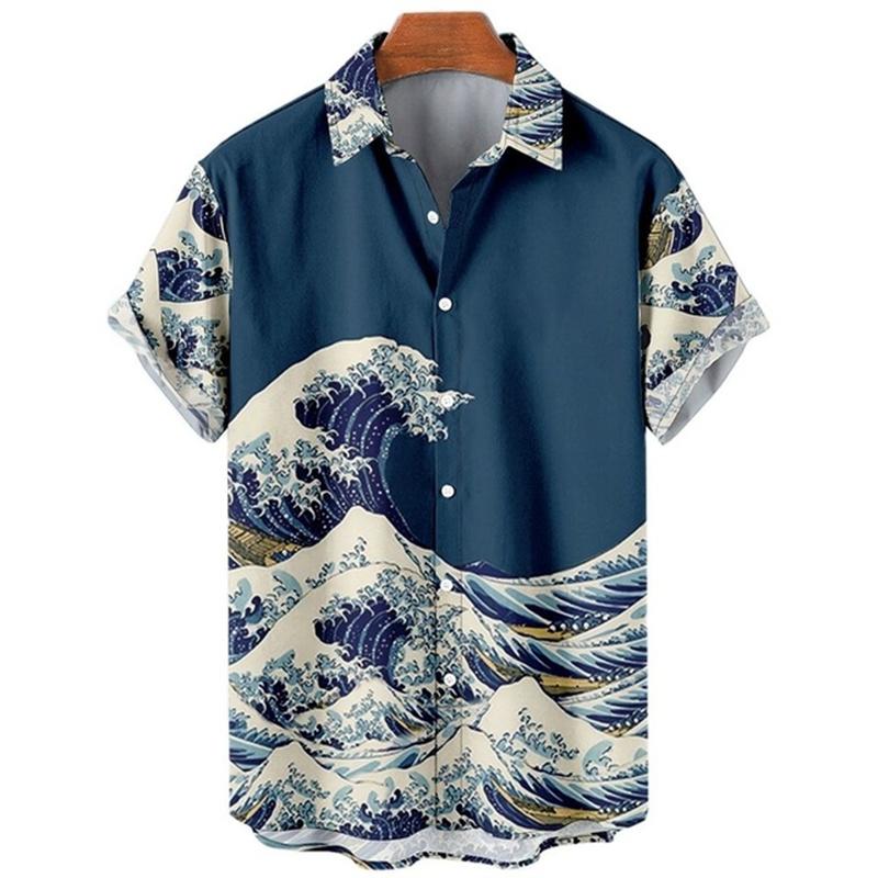 Men's Hawaiian Retro Waves Shirts 3D Printed Short Sleeves Casual Lapel Beach Style Tops Fashion Versatile Style Clothing