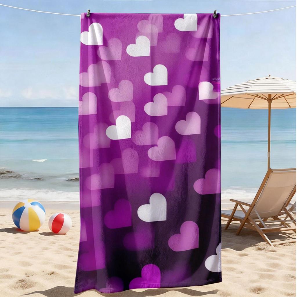 Romantic Purple Heart Microfiber Beach Towel 2D Flat Printed Waterproof Sandproof Travel Bath Towel For Seaside Holiday Sunbath