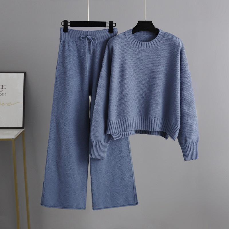 GMXIA Autumn and Winter Fashion Casual Knitted Suit Pants, Loose Sweater, Wide-leg Pants, Long Pants Two-piece Set