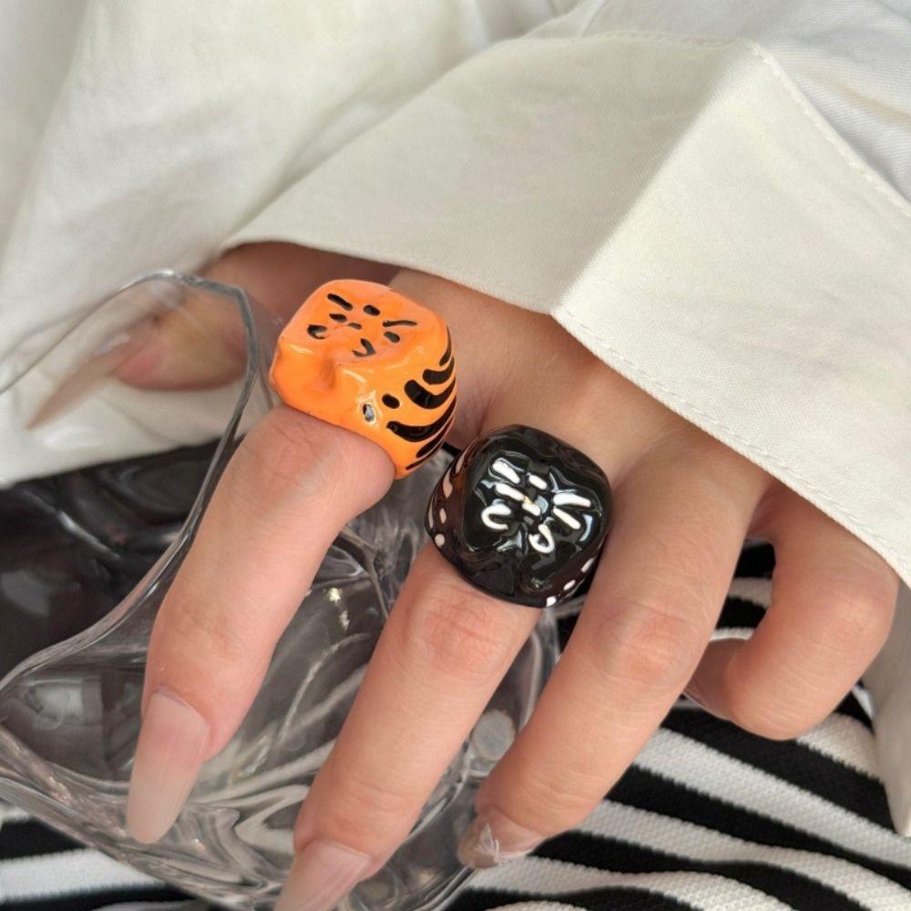 Korean Style Painting Ring Geometric Chunky Enamel Ring Fashion Design Drip Oil Cat Ring Gift