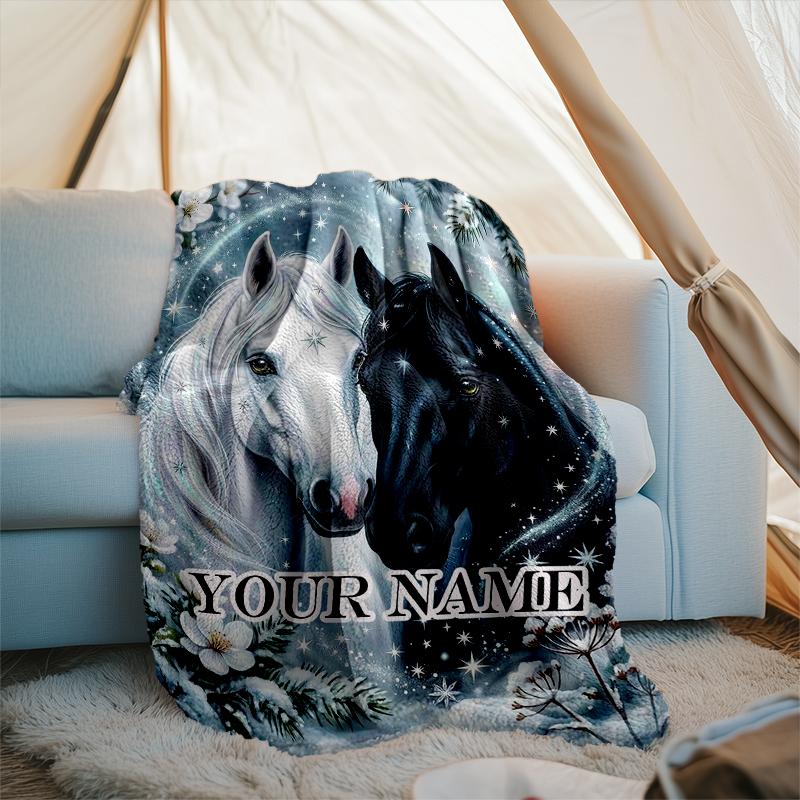 1PC Custom Name Horses Winter Wonderland flannel blanket versatile,all-season throw suitable for the living room,bedroom,camping,travel,and gift
