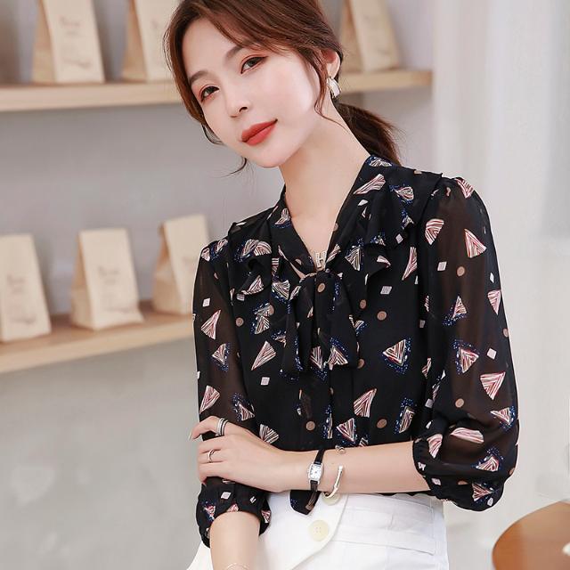 Floral Chiffon Shirt Blouse Female Korean Version 3/4 Sleeve Shirt Fashion Small Shirt Top Elastic Cuffs