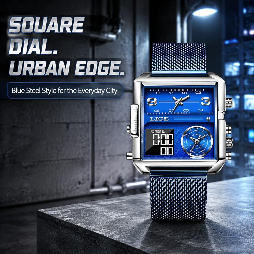 LIGE Fashion Blue Steel Watch Men Digital Dual Display Watch Sports Chronograph Waterproof Quartz Wristwatch Men Military Watch