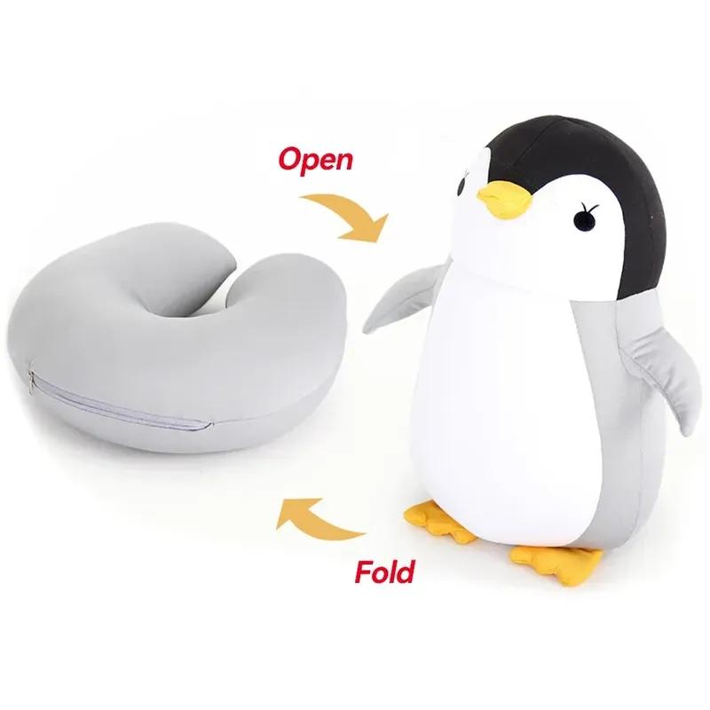 Travel Neck Pillow U-Shaped Plush Pillow Cute Zip and Flip Penguin Deformable Cushion Supports Your Head Neck Chin for Adult
