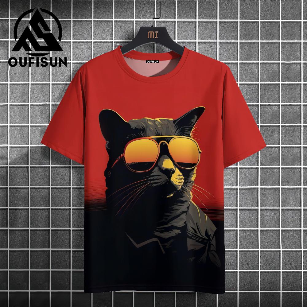 Funny T-shirt Cartoon Cat Pattern Men's T-shirt, 3D Printing Casual Pullover