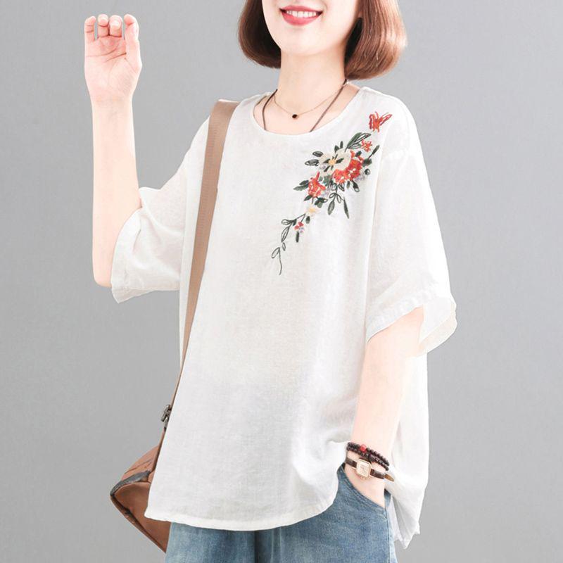 Женская ретро футболка в корейском стиле большого размера с вышивкой из хлопка и льна