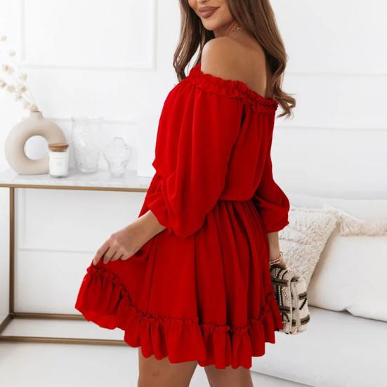 Платье С открытыми плечами Открытая спина С рюшами Длинные рукава Плиссированные Пэчворк Сплошной цвет Трапеция Леди Выпускной