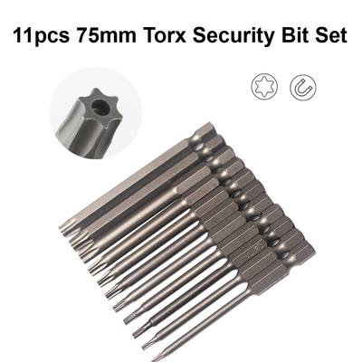 Набор из 11 шт. безопасных бит Torx 75 мм, с полым центром, шестигранный хвостовик, магнитные, для шуруповерта, полые сверла Torx, набор для электроинструмента