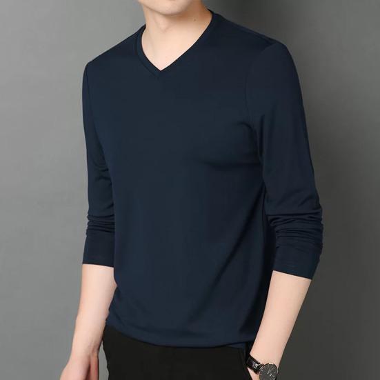 Men Fall Spring Top V Neck Long Sleeves Pure Color Slim Fit