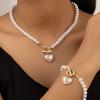 Exquisite Heart Pendant Jewelry Set Crystal Pearl Necklace Set Necklace Bracelet Set  Banquet