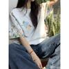 Women's Flower Embroidered Solid Color T-shirts Korean Style Loose Round Neck Female Tees Summer Short Sleeved Pullover Ladies Cotton Top