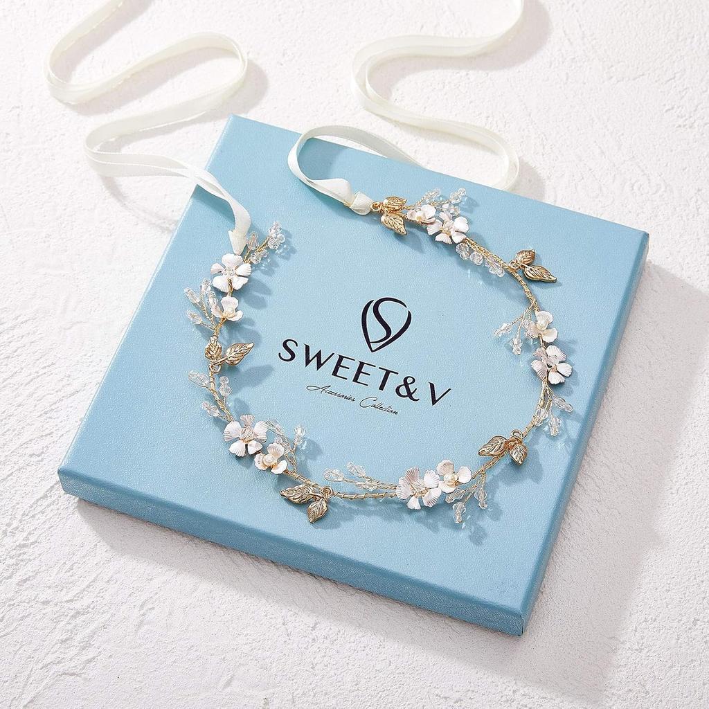 SWEETV Handmade Wedding Headband Flower-Leaf Bridal Headpieces for Wedding Hair Accessories Brides Hair Pieces Gold