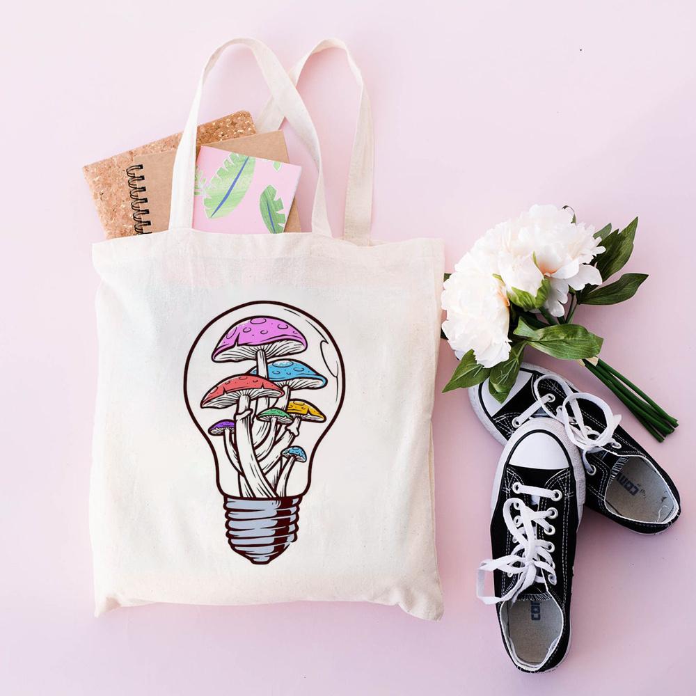 Women Canvas Shoulder Bag London Colorfull Mushroom Print Ladies Casual Handbag Tote Bag Reusable Large Capacity Cotton Shopping Beach Bag