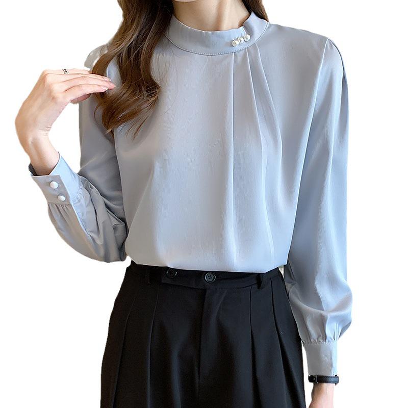 Women's Satin Chiffon Shirt - Stylish Long Sleeve with Beaded Detailing, 2023 Spring Design.