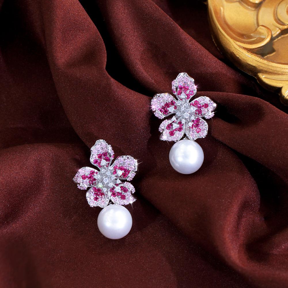 Изысканные серьги-подвески с цирконами, с кубическим цирконием нежного розово-красного цвета, в виде милого цветка и жемчуга, для женщин, шикарные украшения для свадебной вечеринки E1157