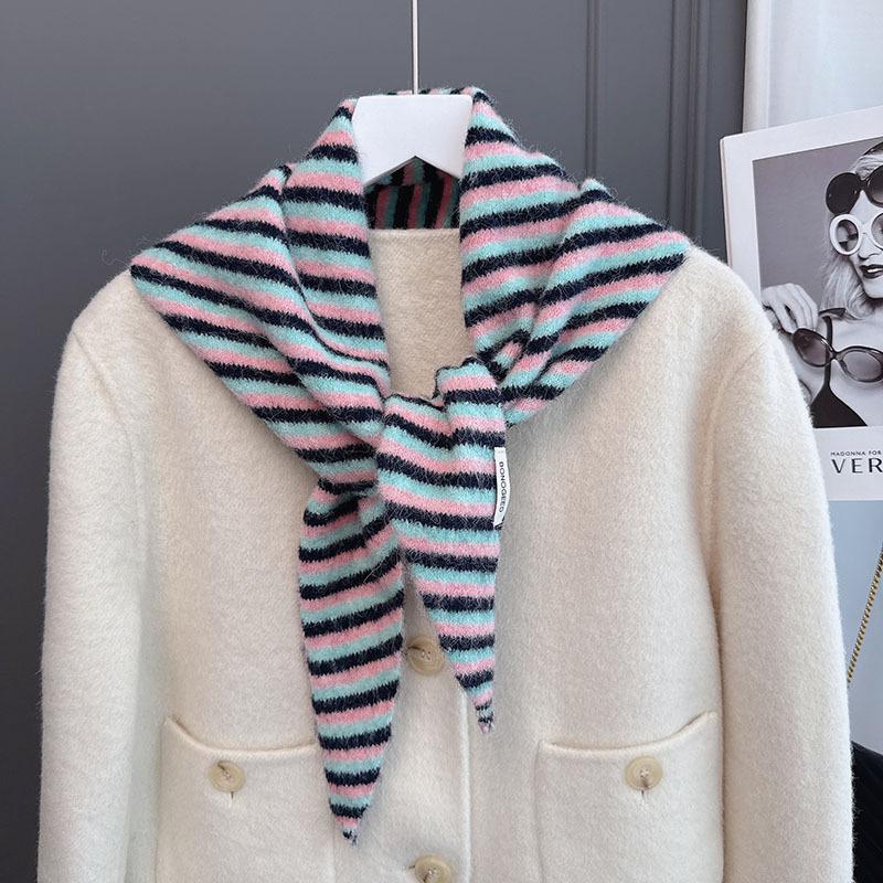 British Wool Triangle Scarf Knitted Stripe Print Triangular Scarf Women Headscarf Multifunctional Warm Knitted Neckerchief Scarf