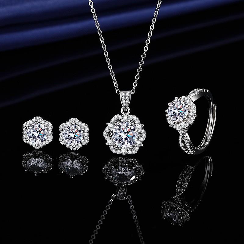 Elegant CZ Gemstone Pendant Necklace Set With Earrings Ring Women Blue Red Yellow Green Purple White Zircon Jewelry