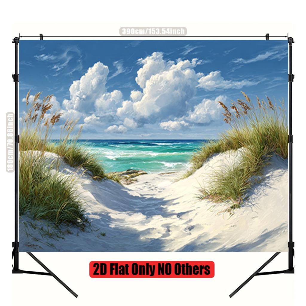 2D plane tranquil beach path background fabric lush green grassland and golden seaweed room decoration polyester fiber