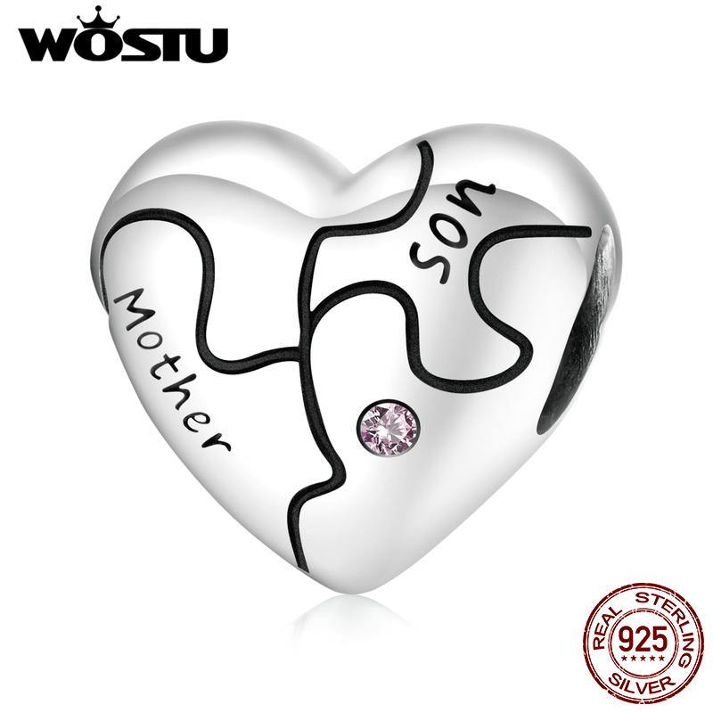WOSTU Original Puzzle Pattern Love Heart Oxidized 925 Sterling Silver Beads Fit Bracelet Bangle Fine Jewelry
