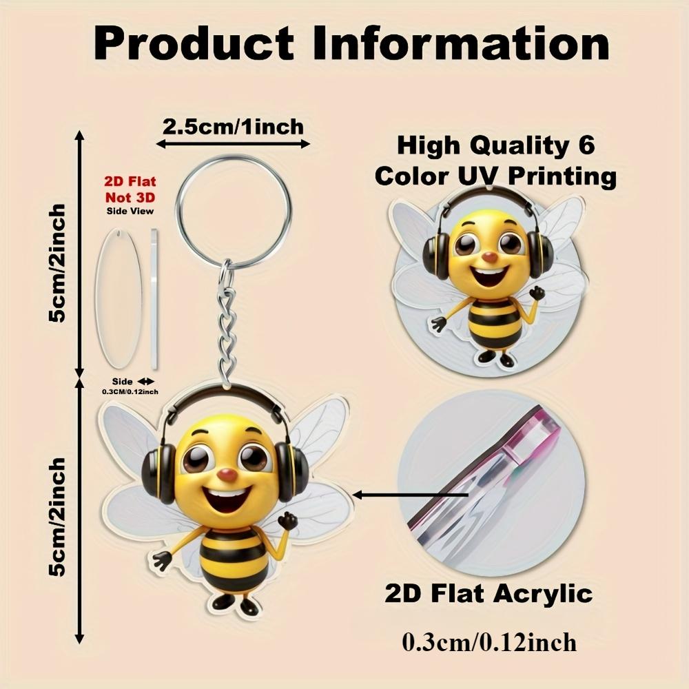 2D Flat 8-piece Bee Keychain, Cute Cartoon Bee Theme Keychain, Decorative Pendant.