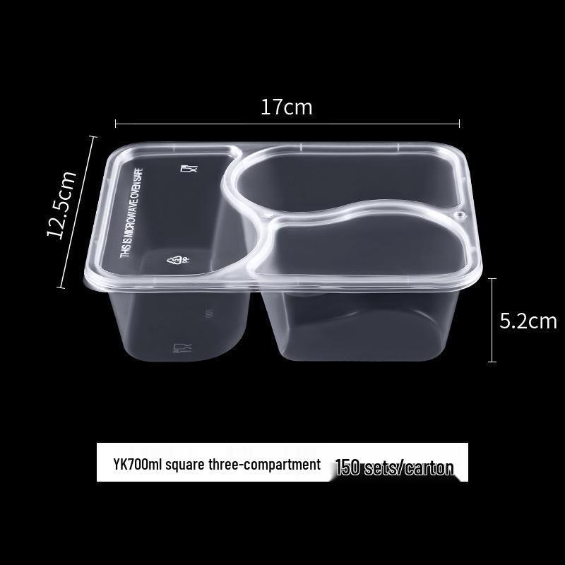 European & American Round Three-Compartment Disposable Lunch Box, Thickened Transparent Black Container for Takeaway Packaging