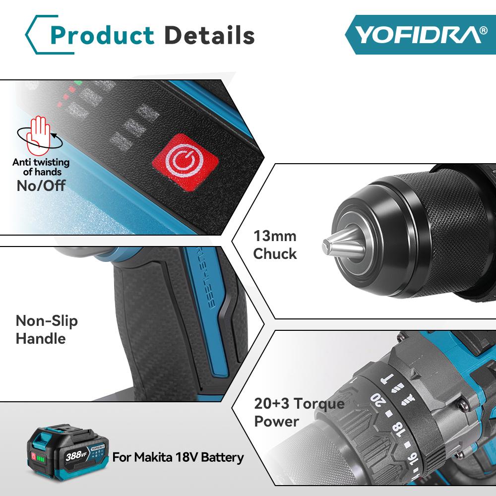 Yofidra 900 Нм 13 мм Бесщеточный Электрический Ударный Гайковерт 20+3 Крутящий Момент Беспроводная Отвертка-Шуруповерт Электроинструмент для Аккумулятора Makita 18V Штырь