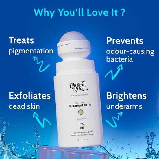 Chemist at play Роликовый дезодорант для подмышек с 5% AHA, молочной кислотой и 1% миндальной кислотой | Отшелушивает подмышки | Для чувствительной кожи | Без спирта - 40 мл