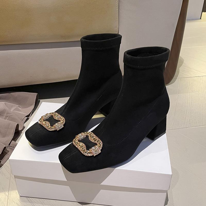 Замшевые ботильоны на высоком каблуке с эластичными голенищами и квадратной пряжкой со стразами, корейская версия, тонкие ботильоны, квадратный каблук, квадратный носок, короткие ботильоны, женские, осенне-зимние, поющие