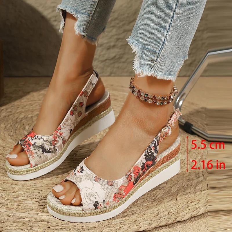 Fashion Retro Mix Color Print Sandals for Women Fashion Back Strap Peep Toe Sandal Woman Anti-Slip Weightlight Wedge Sandalias Mujer