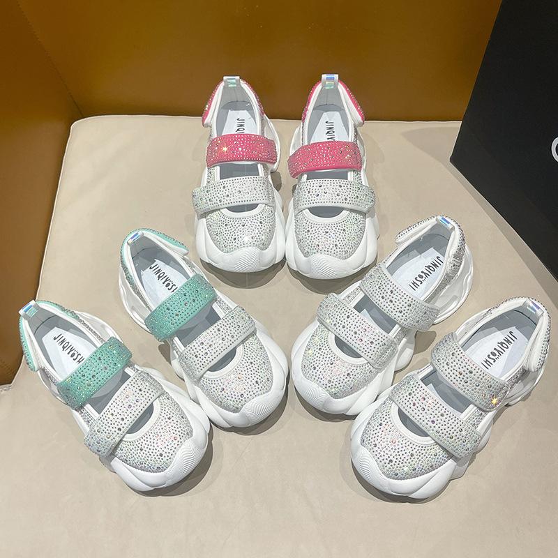 Сандалии женские летние новые милые модные сандалии на липучке с круглым носком и стразами