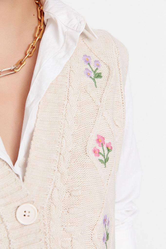 Women's Elegance Style Sweater Stone Flower Embroidery Detailed Knitwear Vest