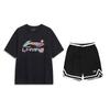 American Hand-Painted Logo Round Neck Short Sleeve Loose Striped Comfortable Shorts Casual Sports Suit Unisex Suit Black AHSU745-1+YAPV001-1