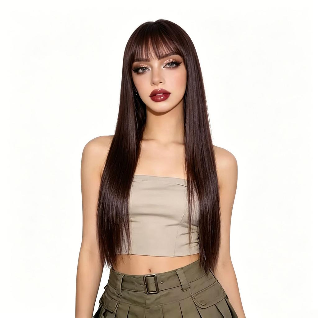 Women's Wig: Long Straight Hair with Straight Bangs, Natural and Voluminous, Full-Head Wig for Special Occasions