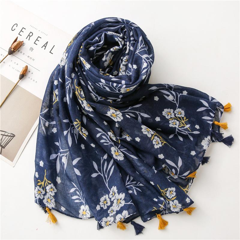 88*180cm Bohemia Flower Women Scarf Shawl Cotton Linen Feeling Tassel Pashmina Muslim Hijab Wrap Lady Viscose Scarf