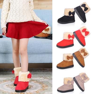 Милые однотонные зимние теплые зимние ботильоны с бантом для девочек, туфли без шнуровки на плоской подошве