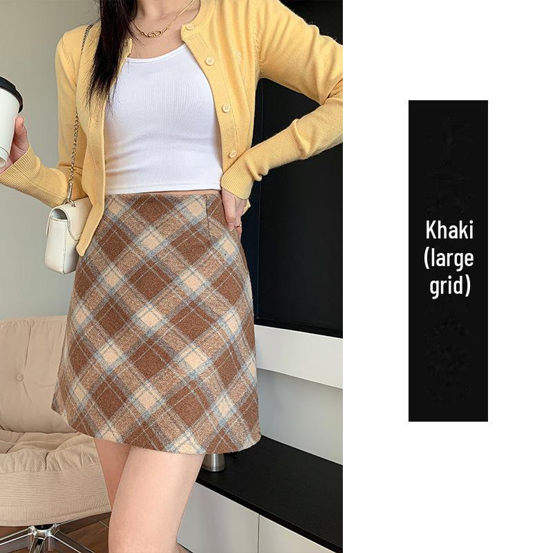 2024 High-Waist Plaid Woolen A-Line Skirt: Autumn/Winter College Style