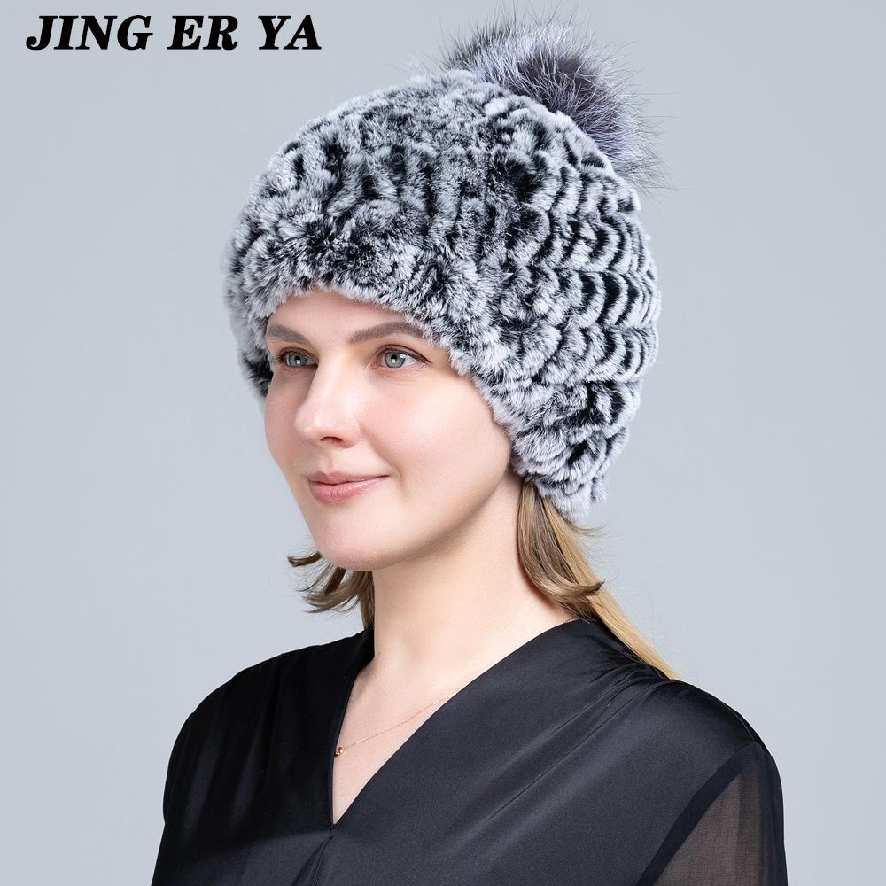 Вязаные шапки с помпоном для женщин, шапочки, однотонные эластичные шапки из меха кролика рекс, зимняя шапка Skullies, модные шапки из натурального меха