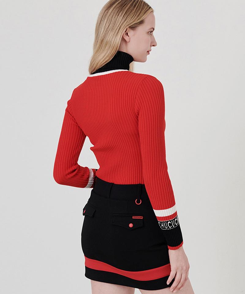CHUCUCHU C23F-Kts006W High-Neck Red Ribbed Knit Top