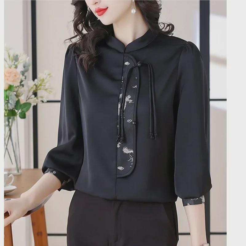 Women's Spring 2024 Satin Retro Long-Sleeve Shirt - Light National Style Top