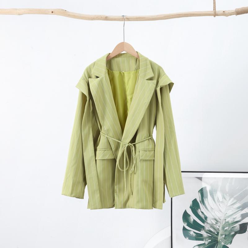 Модный полосатый пиджак с лацканами для женщин, элегантный свободный пиджак с поясом, женская весенняя универсальная шикарная уличная одежда