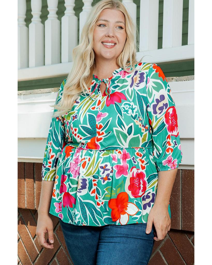 Azura Exchange Блузка с цветочным принтом и разрезом на шее, многоцветная, размер плюс