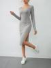 2025 Spring Autumn Fashion Knitted Ribbed Square Neck Dress with Slit