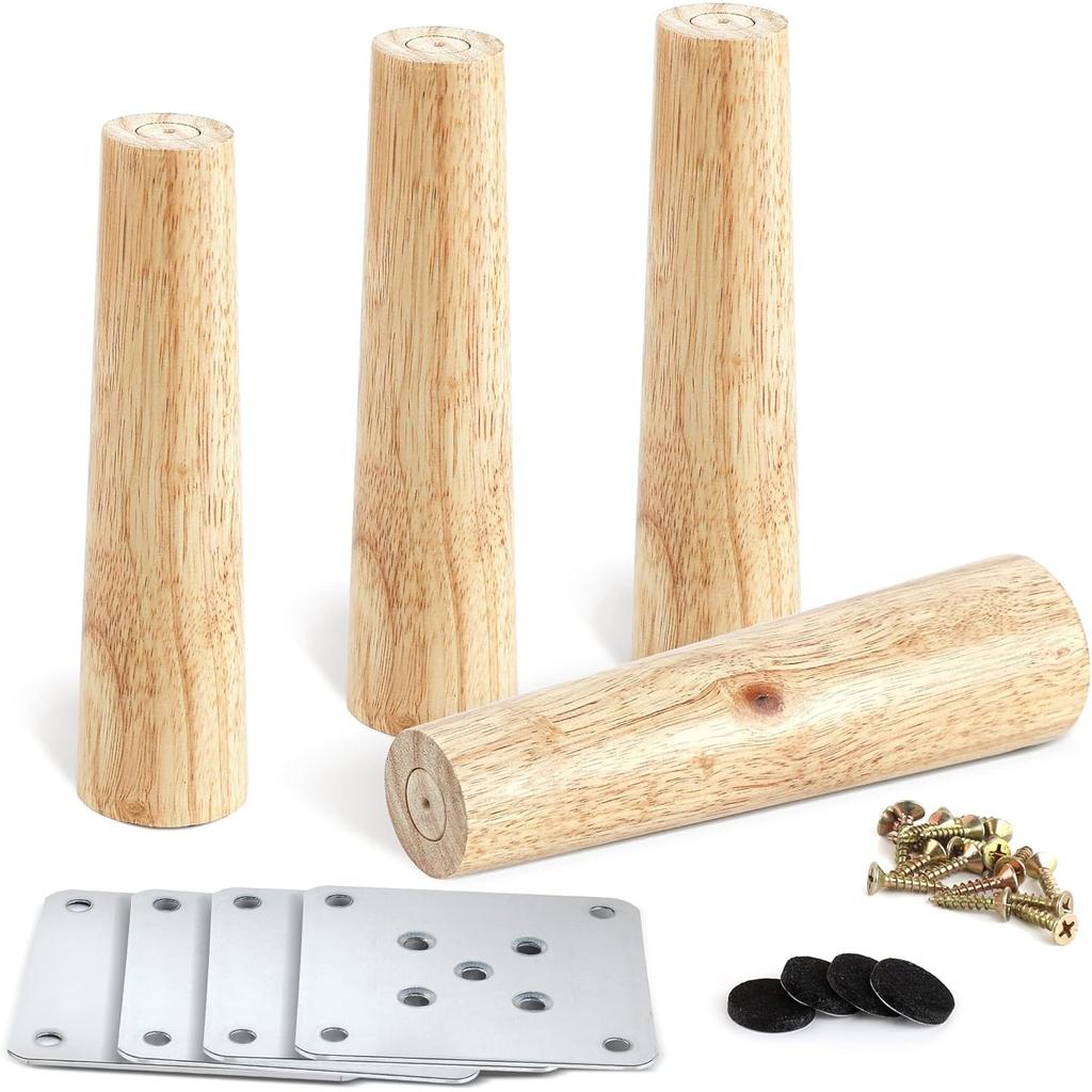 Pack of 4 Wooden Furniture Feet, Sofa Feet, 15 Cm Conical Replacement Table Legs, Furniture Legs with Mounting Plates & Screws for Sofa, Cabinet