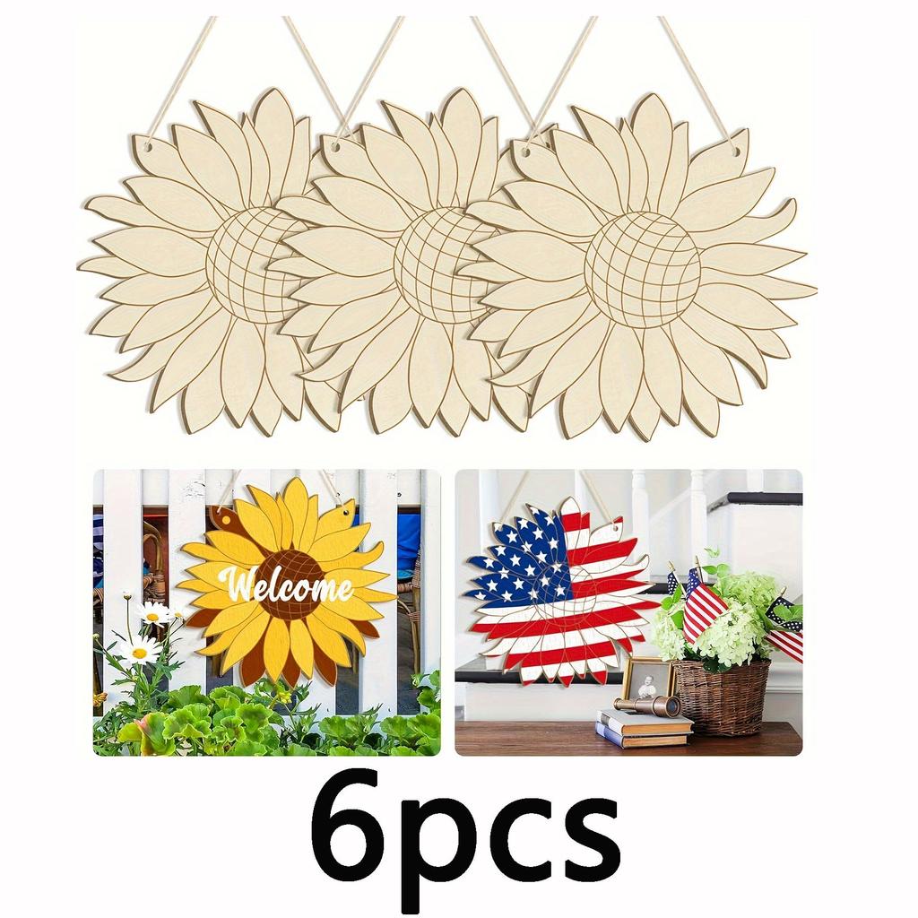 6/12pcs Diy Sunflower Wooden Set Large Paintable Wreath And Welcome Sign Blank Wooden Art Supplies Suitable For Gift Giving