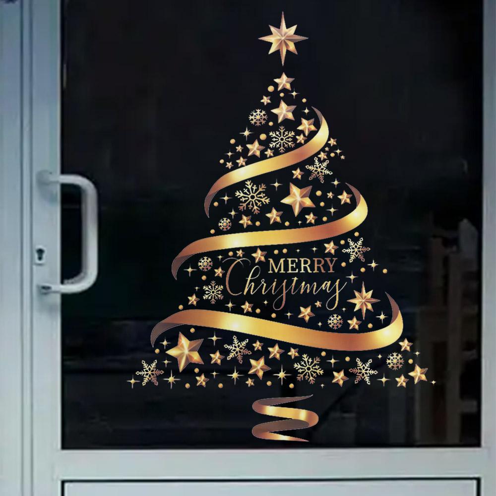 Золотые наклейки на окна в виде рождественской елки, креативный декор, настенная роспись, украшение для дома, обои, подарок