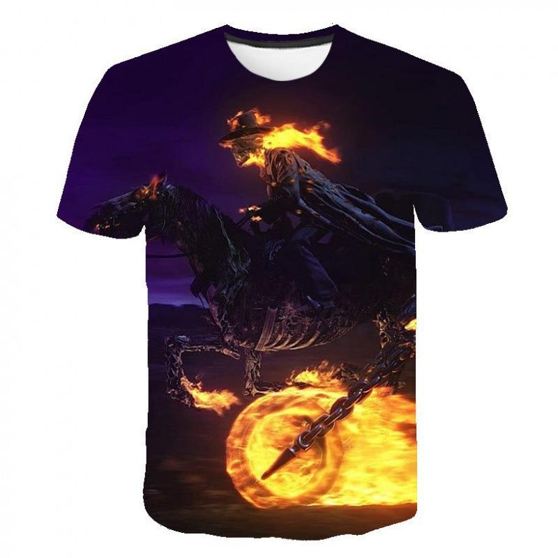 Evil Knight Skull Printed Short Sleeved T-shirt with Flame Pattern Skull Personalized Clothes for Men