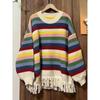 Rainbow Striped Women's Knitted Sweater Long Sleeved Tassel Chic Ladies Top Autumn Winter Loose Casual Women's Clothing