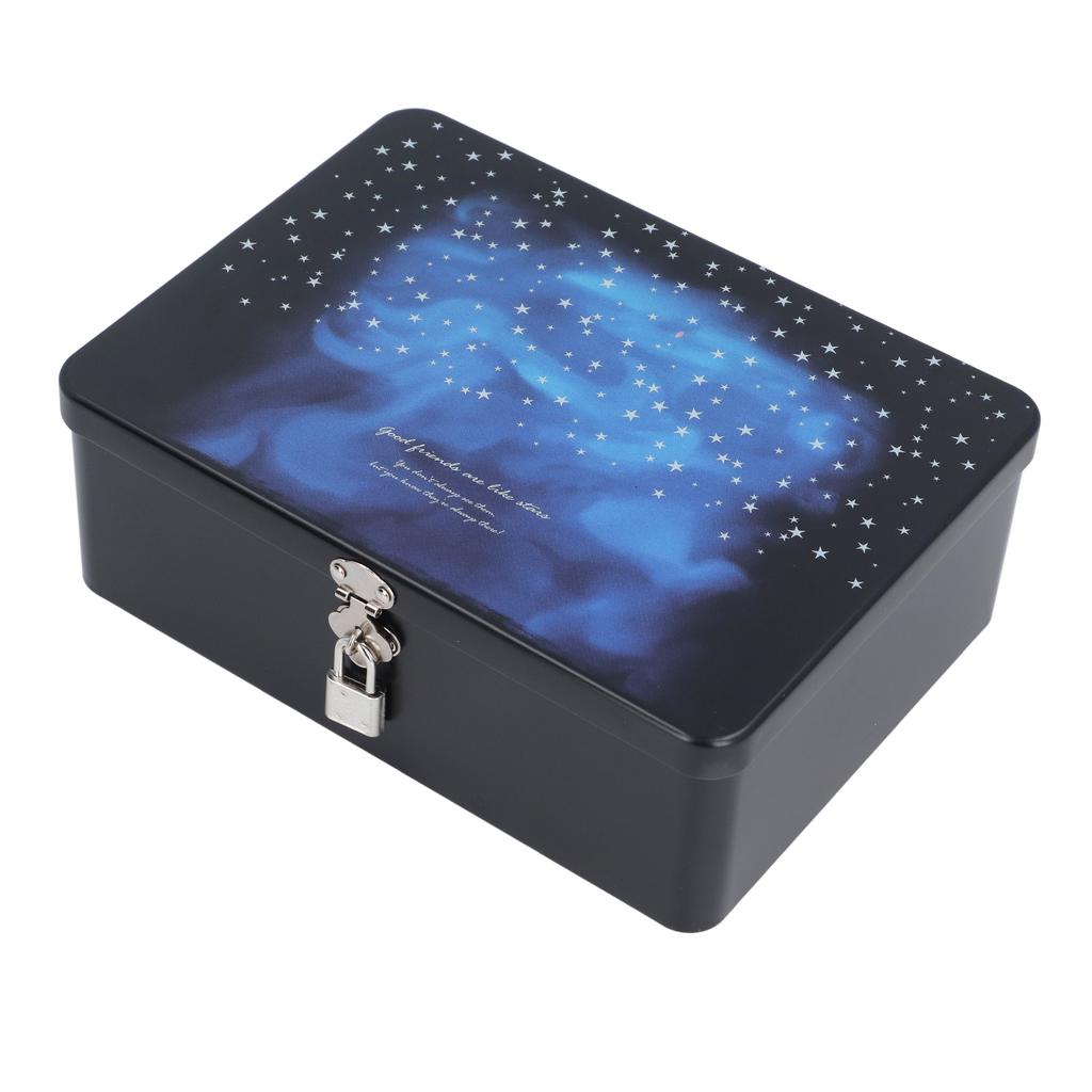 Tinplate Storage Box with Lid Padlock Starry Sky Print Rectangular Vintage Metal Jewelry Case for