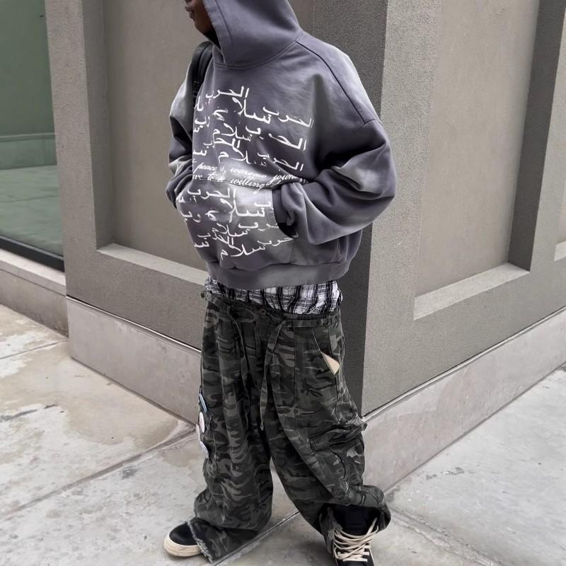 Unisex Streetwear Hooded Zip-Up Sweatshirt With Bold Letter Print Loose Fit Long Sleeve
