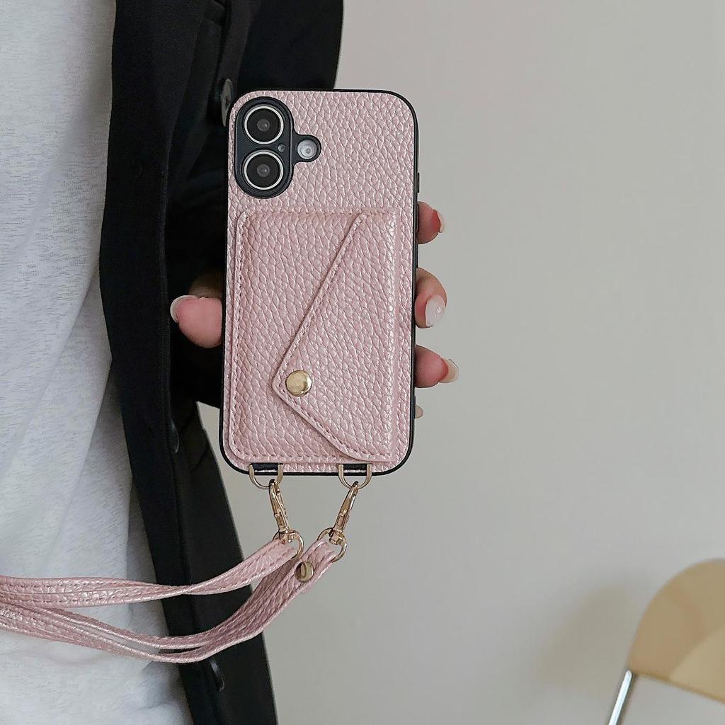 Чехол для iPhone 17: Кожаный чехол-кошелек на ремешке через плечо с узором личи для Apple 14 Pro